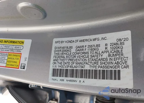 2020 Honda Accord Hybrid Ex из США, поврежденный, VIN 1HGCV3F45LA017547